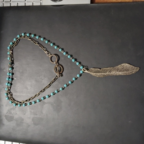 Silver Tone Faux Turquoise Blue Feather Charm Dangle Long Statement Necklace - Picture 1 of 6